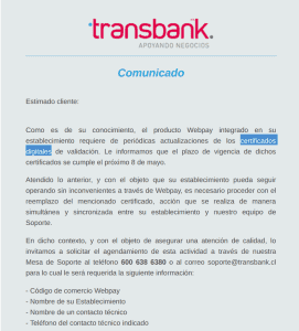 Transbank Actualización de Certificado