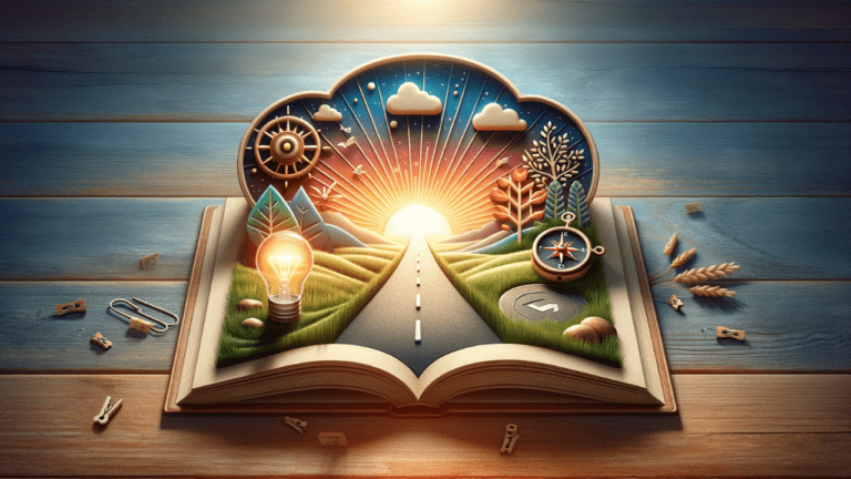 Imagen inspiradora mostrando un libro abierto, una bombilla y una brújula en un camino hacia el horizonte, simbolizando aprendizaje, inspiración y crecimiento en el emprendimiento.