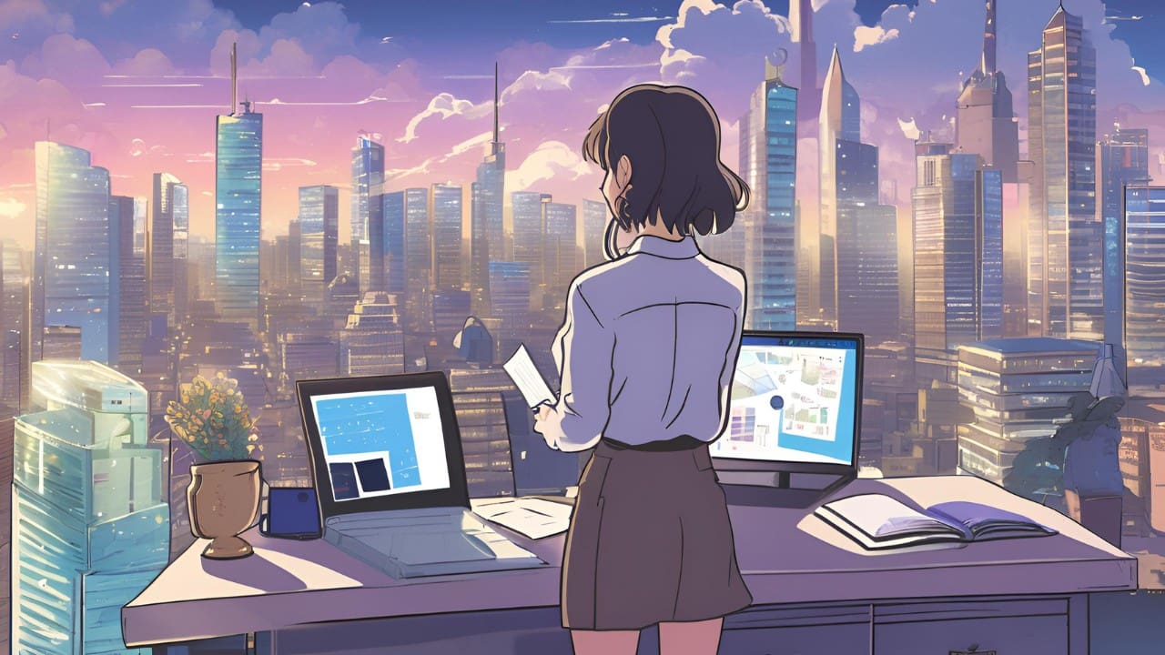 A young female entrepreneur standing at the edge of a bustling city, gazing at the skyline with determination and excitement. In one hand, he holds a business plan, and in the other, a symbolic key representing opportunity. Behind him, a desk with a laptop and scattered notes.